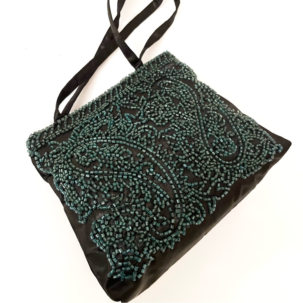 Vintage Teal Green Beaded Evening Bag Black Satin - Picture 2 of 15